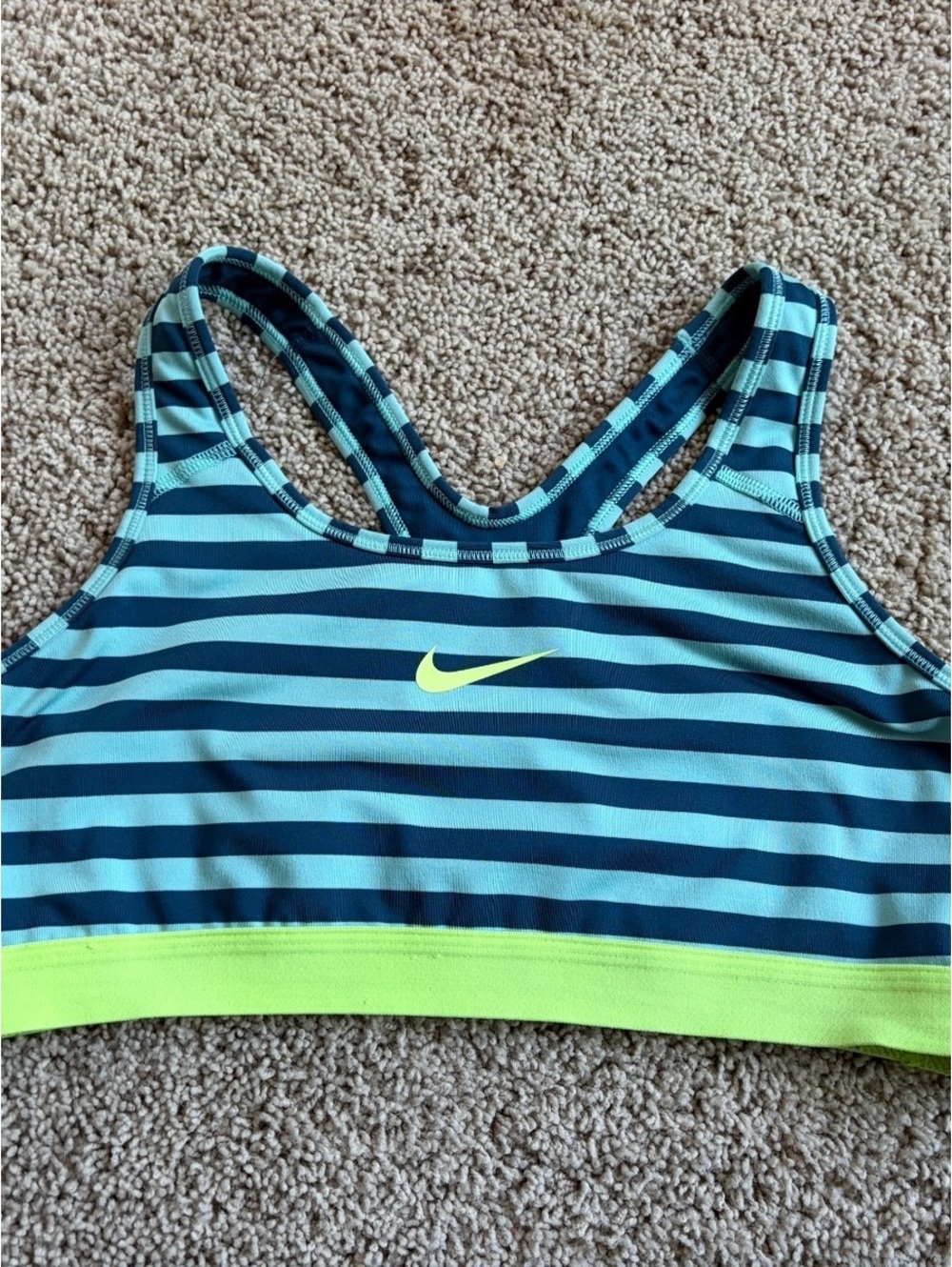 Nike Dri Fit Womens Pro Running Medium Support Sport Bra large teal green strips